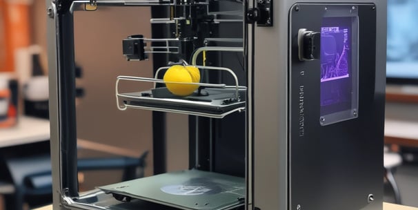 A close-up of a laser engraving machine working on a textured surface. The machine's laser emits a bright blue light, illuminating the surrounding area. The metal parts of the machine have labels and warning signs, and there are several metallic and plastic components visible.