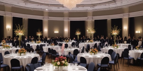 A formal event taking place in a dimly lit venue. Multiple round tables are set with tableware and decorated with floral centerpieces. Attendees are seated in black chair covers, wearing formal attire, some engaged in conversation while others appear to be listening or using their phones.