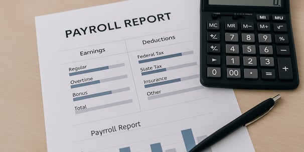 Payroll bookkeeping with calculator, report and pen for small business
