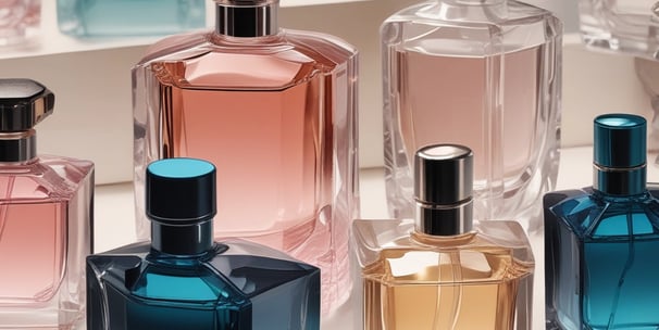 A bottle of perfume with a metallic cap sits on a textured, crumpled white background. The bottle label reads 'ol.factory Aroma Brand' and features a dark, marbled blue design.