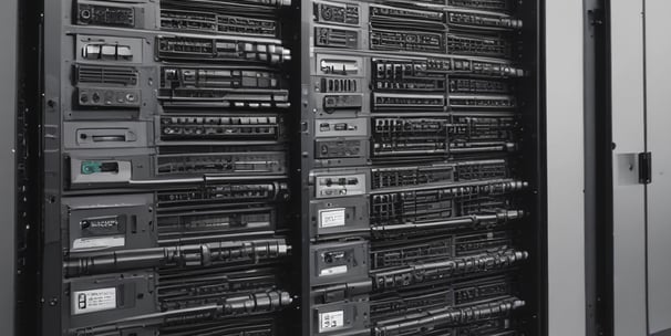 A hand holding a thermal scanner is pointed towards a rack of computer servers. The servers are illuminated with blue LED lights, giving a technological and futuristic feel.