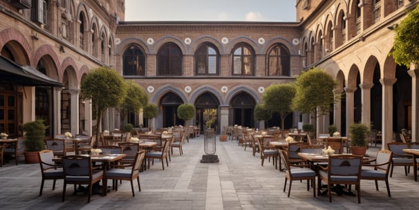 al fresco courtyard dining area of a historic hotel in Gaziantep, Turkey