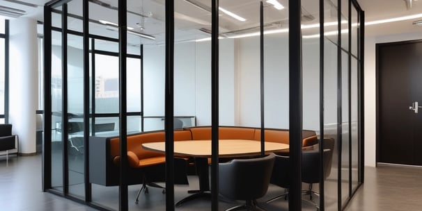 Curved, smooth concrete surfaces with a gray and metallic finish create a modern architectural interior. The design features a semi-transparent partition or window with rounded edges.
