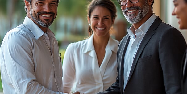 Deux personnes se serrant la main, symbole de partenariat profitable entre acheteur, vendeur et expert en transaction hôteliè