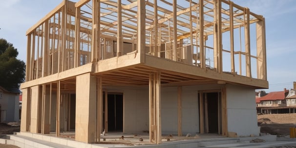 A construction site featuring a multi-story building in progress. Several workers wearing yellow helmets are scattered across different floors, with some engaged in activities such as carrying materials or working on the structure. The building appears to be made of concrete, and there are numerous steel rods protruding from the top floor.