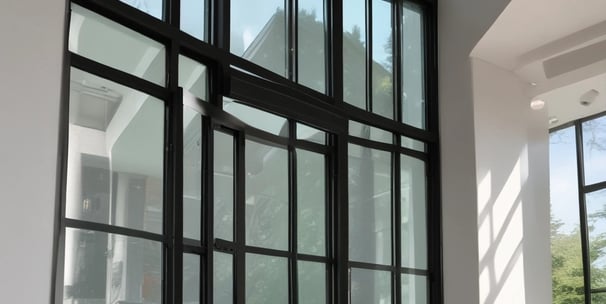 A series of glass panels arranged in a grid pattern, reflecting a scenic view of a serene landscape with greenery and a body of water. The panels are mounted using metallic bolts, creating a structured and geometric appearance. The view through the glass includes a clear blue sky with some clouds.