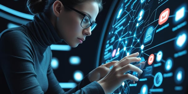 a women wearing glasses seeing a digital touch screen monitor