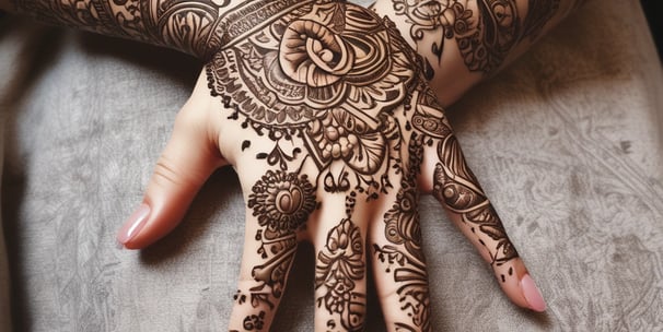 A hand adorned with intricate henna designs, featuring floral patterns and swirls, with sections of the fingers coated in black henna. The background is a woven, circular mat that provides a textured contrast to the skin and artwork.