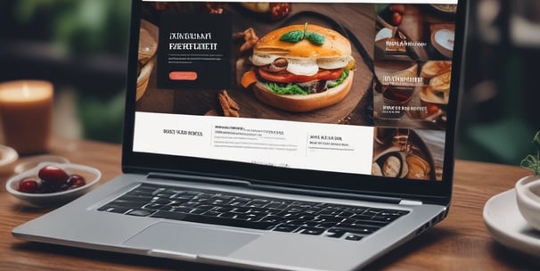 A laptop computer with a website displayed on the screen featuring the text 'Exceptional Web Application design & development'. The laptop is on a dark surface, and the website has a clean and modern design with a light background and colorful text elements.