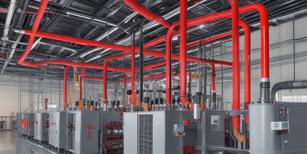 An industrial setting featuring a collection of stacked air conditioning units from various brands. A tall cylinder with hoses wrapped around it stands prominently in the foreground. The setting appears to be a cluttered storage or workshop space, with a partially visible metal roller shutter door on one side.