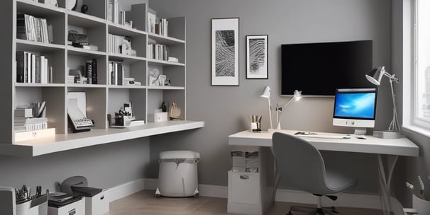 A modern interior space featuring a large abstract painting with shades of blue and white, mounted on a dark patterned wall. The painting is flanked by two elegant lamps with beige lampshades, emitting a warm light that softly illuminates the area. The background consists of decorative wall panels with an interlocking circular design.