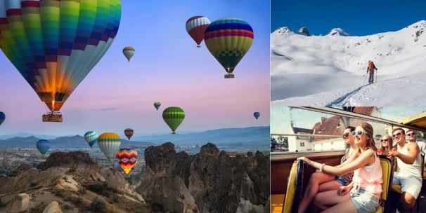 Ilustração de 3 passeios: Balão, squi e citity tour