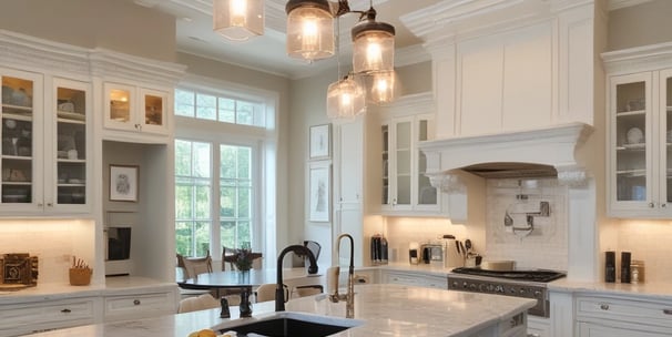 A luxurious bathroom with a detailed marble countertop and a bronze faucet. A decorative flower arrangement in a vase adds elegance. Wooden cabinets with glass doors offer storage, complemented by overhead lighting. The walk-in shower features large, diagonally laid brown tiles and a glass door.