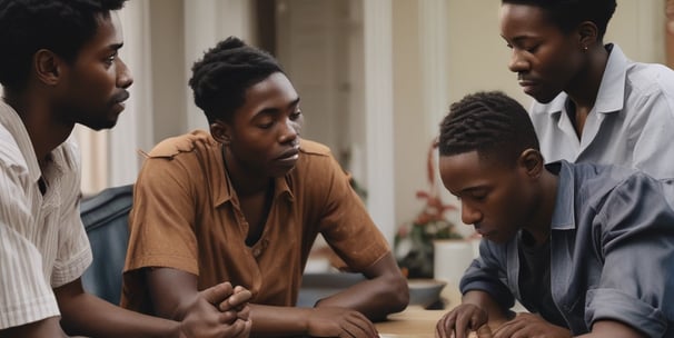 A group of people gathered around a table, where a person in the center seems to be receiving comfort or support. The atmosphere appears intimate and focused, with individuals displaying attentive body language.