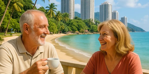 Retired couple enjoying coffee on a sunny beachside terrace in Malaysia