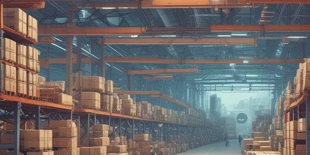 Inside a spacious industrial warehouse, a dumpster filled with discarded metal objects like chairs and other scrap is visible in the foreground. A large industrial loader is parked further inside near a pile of miscellaneous debris, including cardboard and plastic. The area is well-lit with overhead windows in the high ceiling and a poster of a landscape is mounted on the wall.