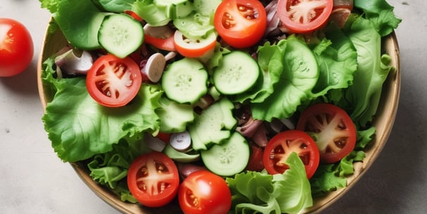 A table is set with several dishes containing a variety of healthy foods. There are bowls filled with colorful salads, vegetables like broccoli and peas, grains topped with vegetables, and glasses of infused water garnished with strawberry slices. A fork and knife are placed on the table, suggesting a meal ready to be enjoyed.