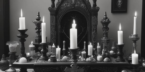 The image features a dimly lit room with a mysterious ambiance. A Ouija board is on a plush carpet, surrounded by three lit candles that provide a soft, warm glow. In the background, hanging beads create a partition between spaces, while various objects and clothing create an informal and slightly cluttered atmosphere.