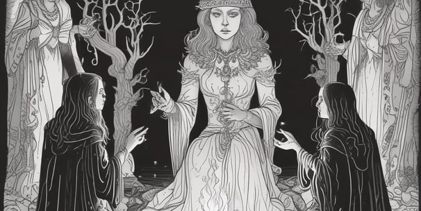 A mysterious figure cloaked in dark fabric reaches towards an old, open book with one hand. The book appears to be burning, with flames emanating from its pages. Strange symbols glow on the figure's forehead, and the lighting casts an eerie, otherworldly glow.
