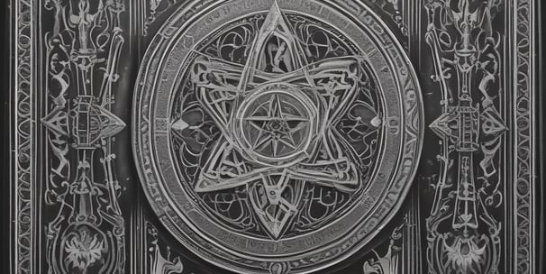 A mysterious figure cloaked in dark fabric reaches towards an old, open book with one hand. The book appears to be burning, with flames emanating from its pages. Strange symbols glow on the figure's forehead, and the lighting casts an eerie, otherworldly glow.