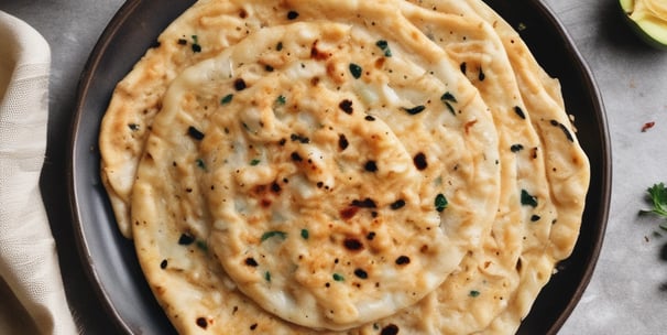 A large round chapati or flatbread is placed on a plate, garnished with two green chilies and some cilantro leaves. Surrounding the plate are small bowls containing various ingredients, including spices and sliced cucumbers. The entire arrangement is set on a soft, textured fabric.