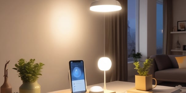 A sleek smartphone with a metallic finish stands upright on a table alongside a modern smartwatch, wireless earbuds, and a glowing antique-style bulb. The scene is set against a dark background, emphasizing the shiny surfaces and elegant technology.