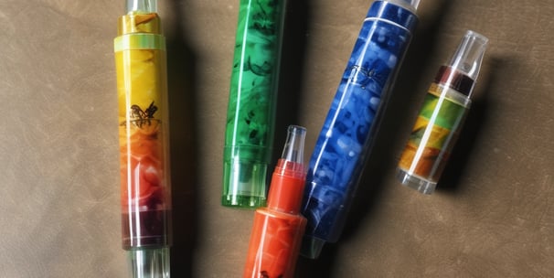 A vape device with a digital display showing the number 45 is surrounded by colorful smoke. The scene is illuminated with purple and blue lighting, giving it a modern and stylish aesthetic. The vape sits on a surface with a blurred background, emphasizing its sleek design.