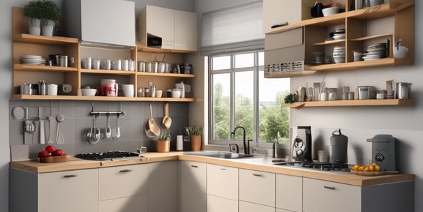 The image features a modern interior with a geometric pattern of triangular shapes on the wall. The surfaces have a metallic appearance, with a gradient of shades from light to dark. Two ceiling lights are visible, casting soft illumination across the surfaces.