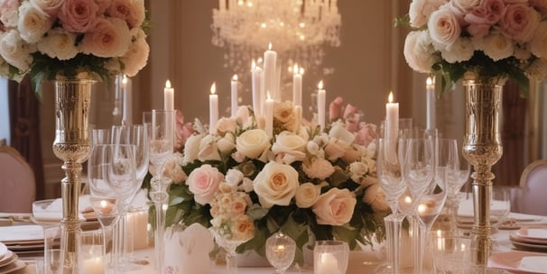 A lavishly decorated event space featuring elegant drapery and numerous floral arrangements. Warm yellow and orange tones dominate the decor, with large, illuminated flowers and delicate, hanging lights creating a whimsical ambiance. The ceiling is adorned with chandeliers and strings of lights, while the path is lined with intricate floral designs.