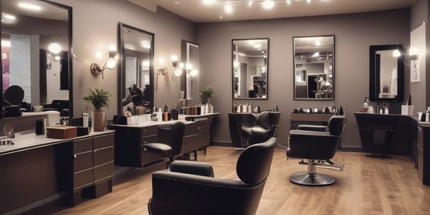 A is getting their hair styled in a modern salon. The stylist, wearing a striped dress, is focusing on the client's hair while using a comb. Mirrors in the background reflect the interior, containing shelves with various hair products and a decorative plant. The overall setting is clean and well-lit, with multiple light sources providing a bright and inviting atmosphere.