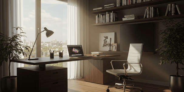 nice home office with chair, laptop, desk with a city landscape view