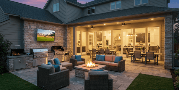 outdoor entertainment area with TV, grill, sitting area for a home backyard