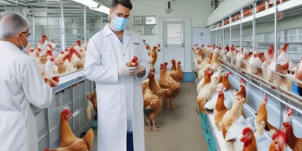 Chickens are housed in a row of wooden cages, with some of them poking their heads out towards the camera. The setting appears to be a chicken farm or coop with a focus on egg production. A feeding trough filled with grain stretches along the length of the cages, and eggs can be seen below, placed on a track.
