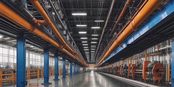 A close-up view of industrial pipes and valves against a background of blue panels. The metal fittings are prominently displayed, showing signs of usage and exposure. The image focuses on the mechanical components, illustrating the intricacy of industrial systems.