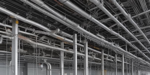 A close-up of an industrial structure featuring metal pipes and a series of metal stairs. The design is intricate with vertical and horizontal lines creating a grid-like pattern. The pipes curve smoothly, contrasting with the rigid, straight lines of the staircase railings.
