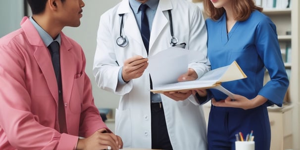 A pharmacist in a white coat talks to a customer in a pharmacy. Shelves filled with various medications are visible in the background. The pharmacist is holding a prescription bottle and appears to be explaining something to the customer, who is smiling and attentively listening.