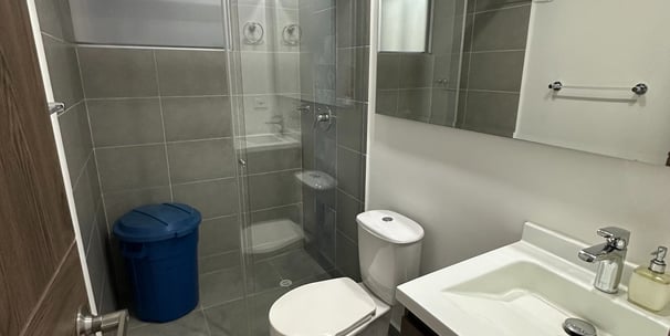 a bathroom with a toilet and a shower