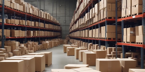 A large pile of cardboard boxes and packaging materials, including some metal containers and plastic items, appears to be discarded in a narrow space. Some of the boxes have visible brand labels and there are various shapes and sizes of packaging.