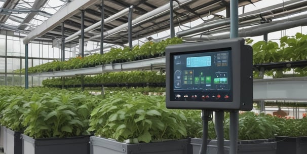 A large indoor hydroponic farm with rows of healthy green plants growing in white containers. The setup includes numerous overhead lights and support structures with reflective walls to enhance lighting. Ventilation ducts and power lines are visible, indicating a controlled environment.