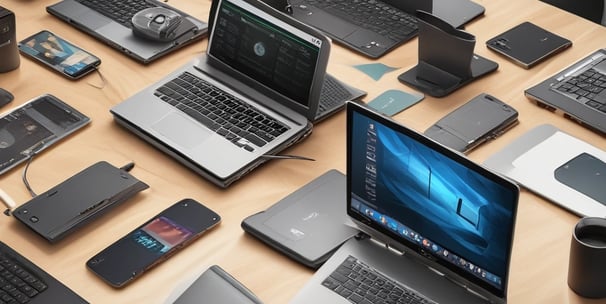a table with laptops and laptops on it