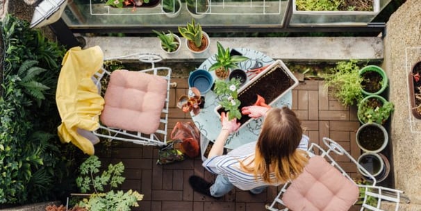 a woman sitting at a table with a phone in green balcony with plants and natures