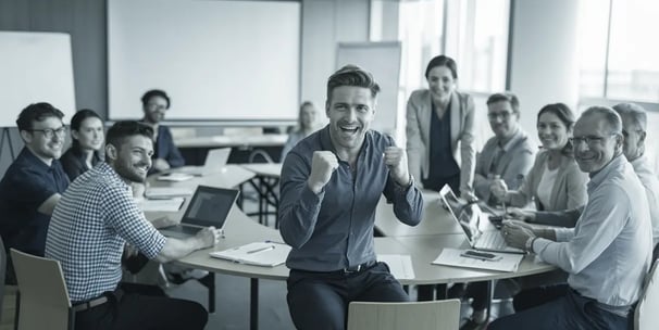 Groupe dynamique en discussion, avec une personne au premier plan souriante.