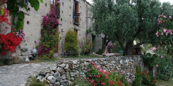 a stone wall with flowers and trees in front of a stone wall