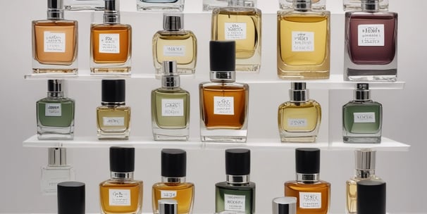 An elegantly arranged display of luxury fragrance items, featuring a large bottle of perfume with a black cap, a matching rectangular box, and a smaller box. The items are adorned with a golden chain draped artfully around them, set against a contrasting background with a patch of black fabric.