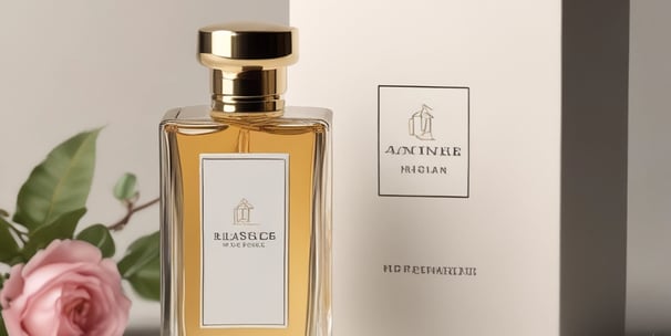 A luxurious perfume bottle with a gold chain handle and a textured black top. The glass of the bottle is dark emerald green with branding text in gold letters.