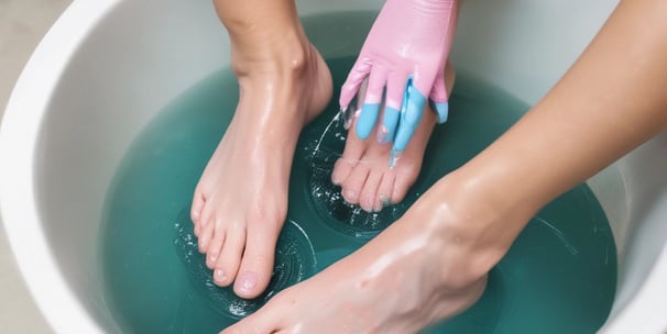 A person is receiving a foot spa treatment. The hands wearing pink gloves apply a teal-colored cream to the foot using a brush. The foot is positioned over a metallic basin filled with water.