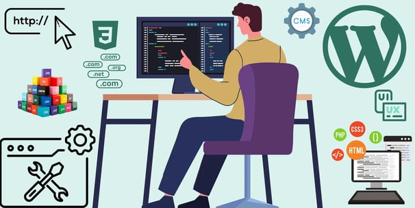 An illustration of web development and management. There are coding elements of html, css, php and cms management