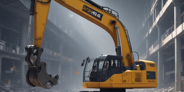 A yellow truck filled with rubble is parked in a yard surrounded by debris. The ground is covered in dirt and scattered pieces of construction material. Two people are interacting with the debris, engaged in some form of manual labor. The scene is rustic and chaotic, with worn-out surfaces visible on the surrounding walls.
