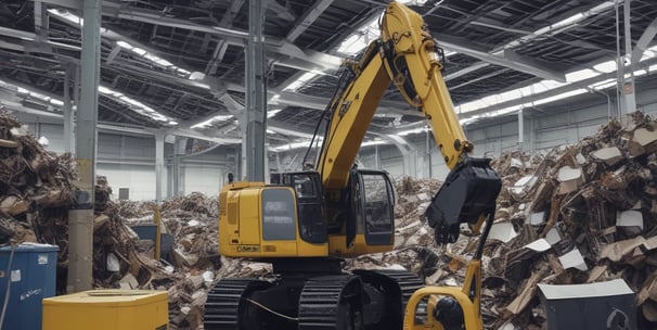 A construction vehicle features a large mechanical arm with a claw, lifting debris or soil into a green dump truck. The scene includes a worker wearing a high-visibility vest sitting in the vehicle. The surrounding environment includes trees with sparse leaves and partially visible buildings. The sky appears overcast.