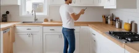Man measuring a modern white kitchen with shaker cabinets, preparing for a custom cabinet design
